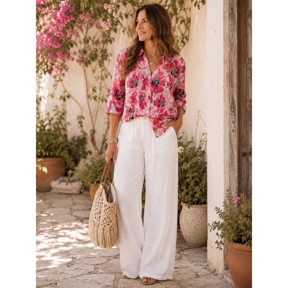 Pink Floral Pintuck 100% Linen Shirt Romantic Boho Coastal Resort Wear Size MP